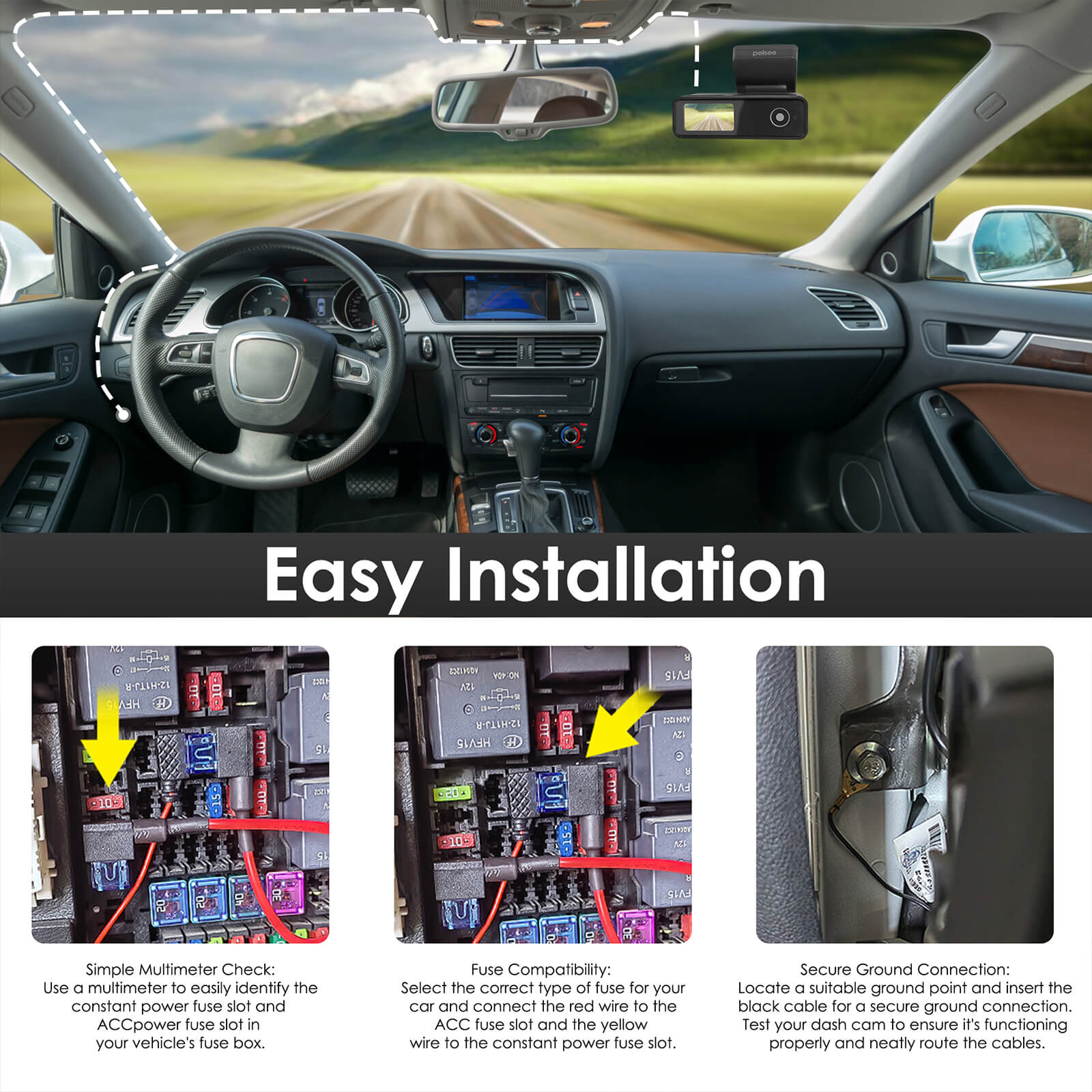 Pelsee Dash Cam Hardwire Kit, Full Set Hard Wire Kit Fuse for P1 Duo Dash Cam Only, 12V-24V to 5V Car Dash Camera Charger Power Cord, 4 Fuse Cable and Installation Tool
