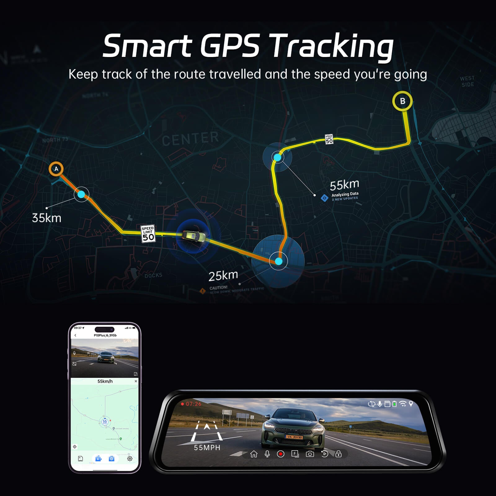 Pelsee P10 Plus 4K WiFi Mirror Dash Cam, 10" Rear View Mirror Camera with 64GB Card, Dash Cam Front and Rear Backup Camera for Cars, Smart Driving System ADAS, Voice Control, GPS, WDR Night Vision