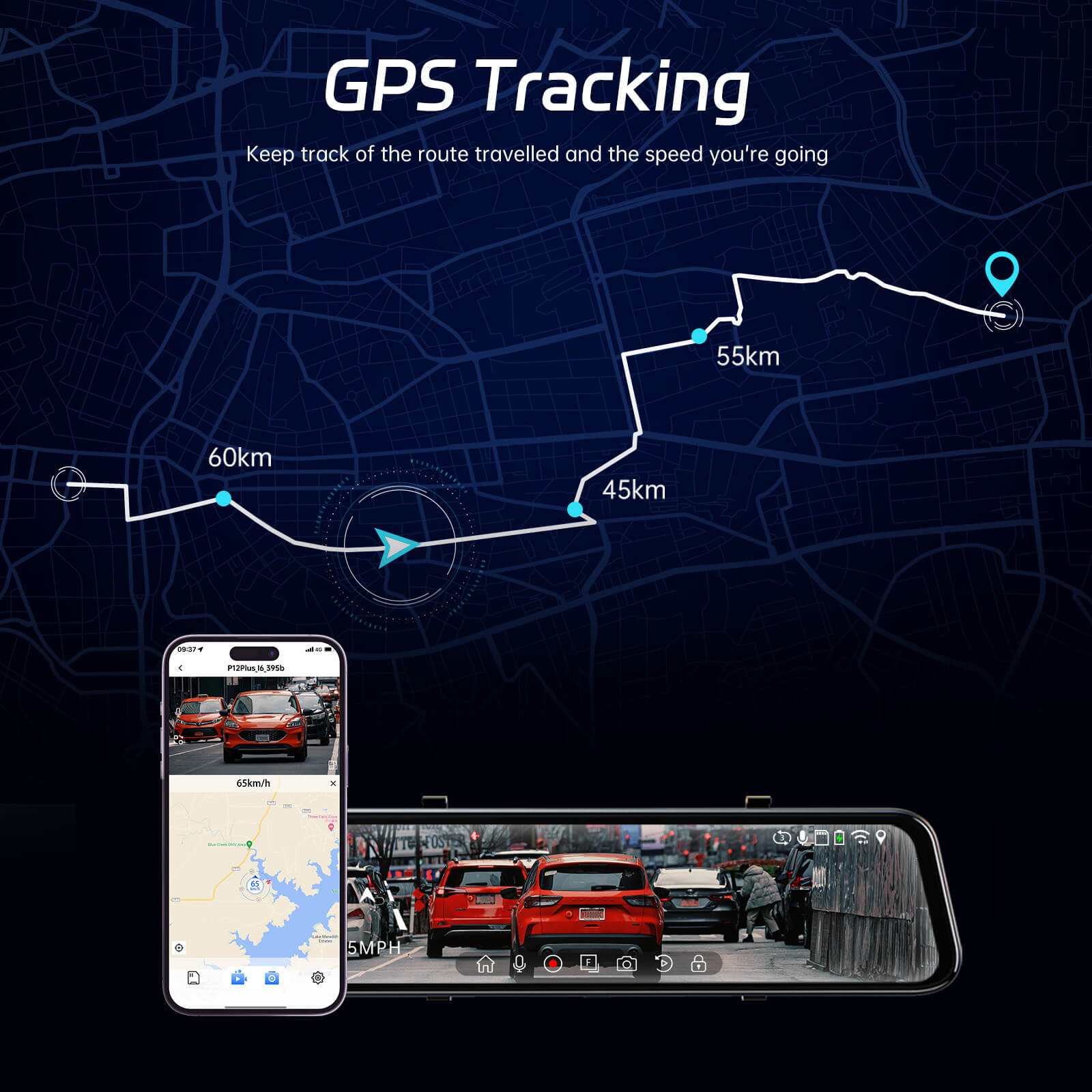 P12 Plus 4K WiFi Rear View Mirror Camera, 12" Mirror Dash Cam Front and Rear with ADAS and BSD, Backup Camera for Car, GPS, 64GB Card Included, WDR Night Vision, Voice Control
