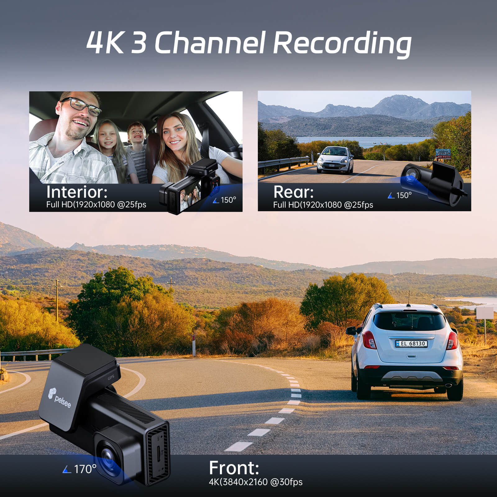 4K 3 Channel Dash Cam Front and Rear Inside, Dash Camera for Cars, 4K+1080P+1080P Dashcam with APP & WiFi, 64GB Card Included, Smart Driving System ADAS DMS, 24H Parking Mode,G-Sensor,256GB Max