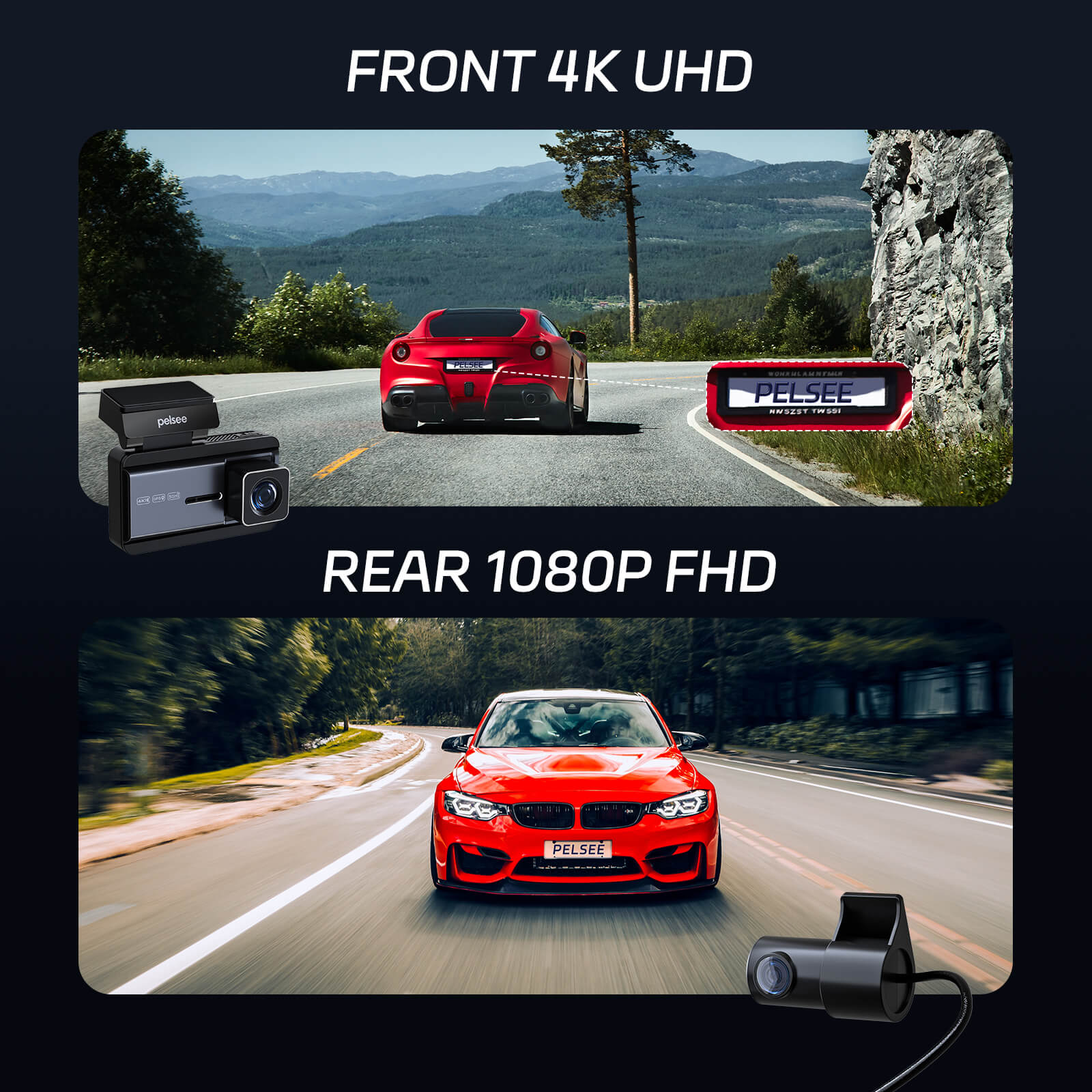 Pelsee P3 4K Dash Cam Front and Rear, 64GB SD Card, 4K+1080P Dual Dash Camera for Cars with Wi-Fi, GPS, ADAS, BSD, LCA, 3’’ IPS Display Car Camera, APP & Voice Control, Night Vision, 24H Parking Mode
