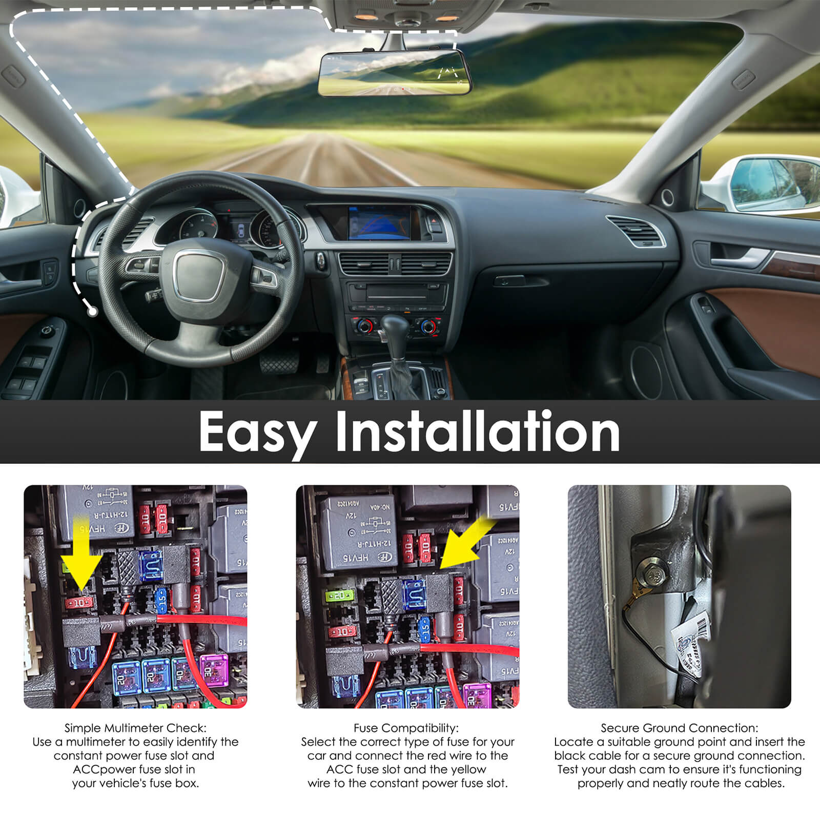 Dash Cam Hardwire Kit, Type-C Full Set Hard Wire Kit Fuse, 12V-24V to 5V Dash Camera Car Charger Cable Kit, Low Voltage Protection, LED Indicator, Double-4 Fuse Cable and Installation Tool