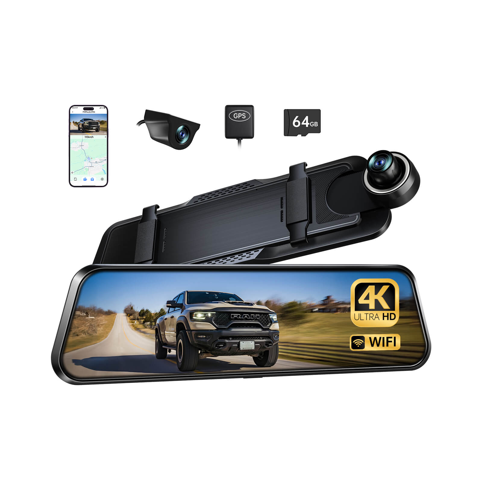 Pelsee P10 Plus 4K WiFi Mirror Dash Cam, 10" Rear View Mirror Camera with 64GB Card, Dash Cam Front and Rear Backup Camera for Cars, Smart Driving System ADAS, Voice Control, GPS, WDR Night Vision