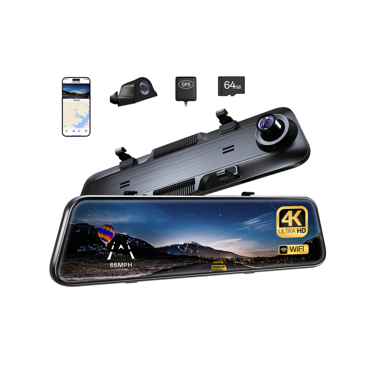 P12 Plus 4K WiFi Rear View Mirror Camera, 12" Mirror Dash Cam Front and Rear with ADAS and BSD, Backup Camera for Car, GPS, 64GB Card Included, WDR Night Vision, Voice Control
