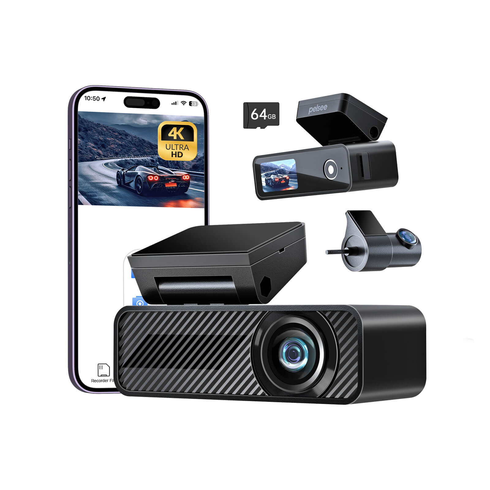 Pelsee P1 Duo 4K Dash Cam Front and Rear, 64GB SD Card, 4K+1080P Dual Dash Camera for Cars, Wi-Fi & App Control, 1.5’’IPS Display Car Camera, Voice Control, Night Vision, 24H Parking Mode, G-Sensor