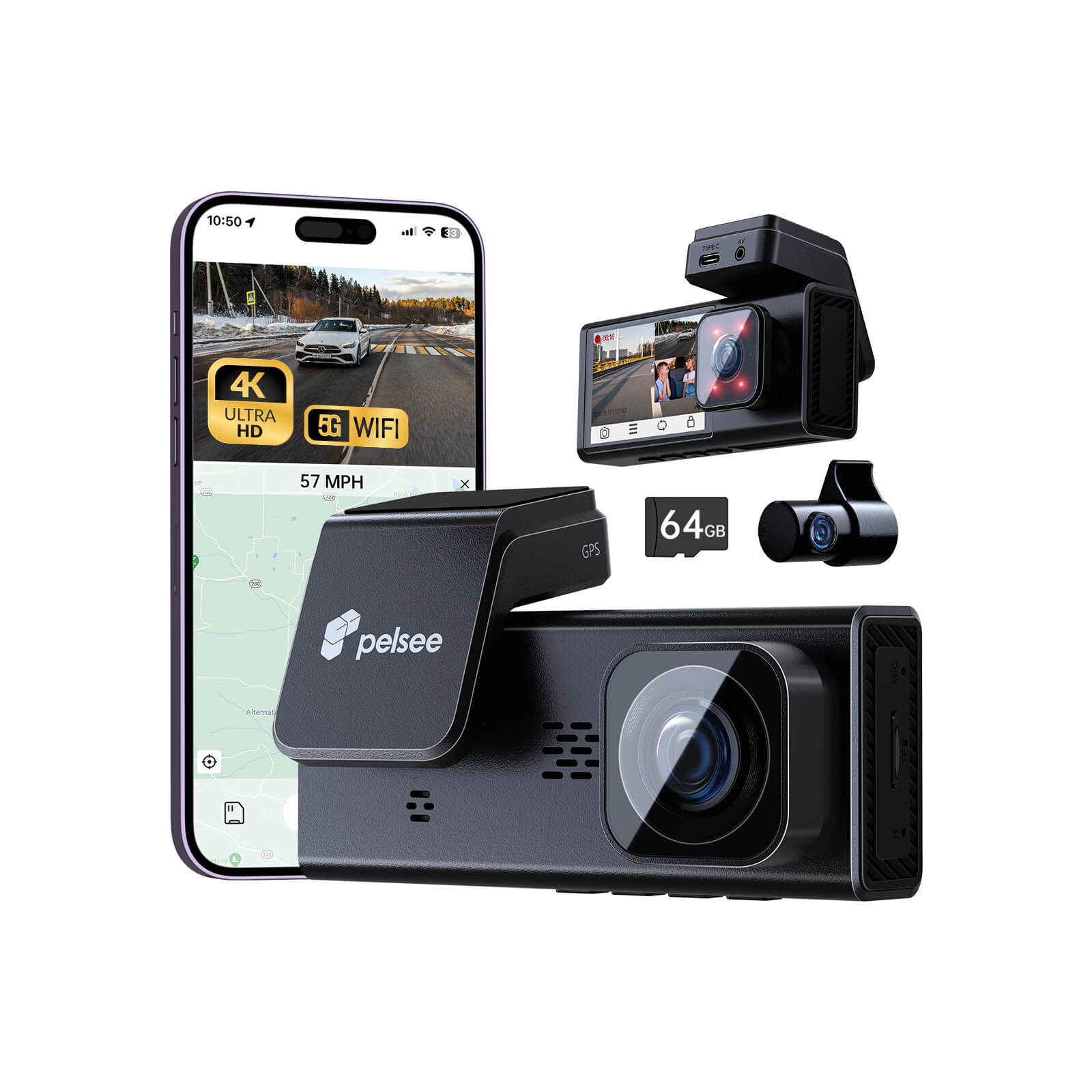 4K 3 Channel Dash Cam Front and Rear Inside, Dash Camera for Cars, 4K+1080P+1080P Dashcam with APP & WiFi, 64GB Card Included, Smart Driving System ADAS DMS, 24H Parking Mode,G-Sensor,256GB Max