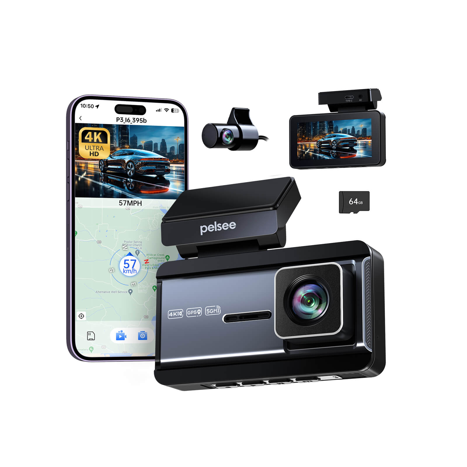 Pelsee P3 4K Dash Cam Front and Rear, 64GB SD Card, 4K+1080P Dual Dash Camera for Cars with Wi-Fi, GPS, ADAS, BSD, LCA, 3’’ IPS Display Car Camera, APP & Voice Control, Night Vision, 24H Parking Mode